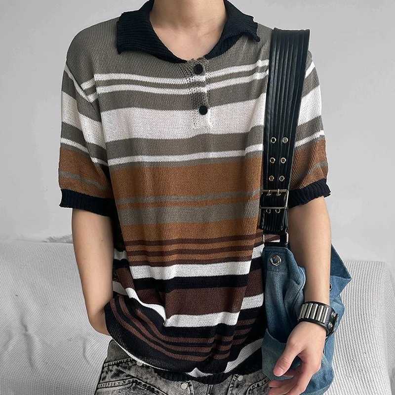 Summer Mens Clothing Light Luxury Mesh Striped Polo Shirt Korean Short Sleeve Button-down Retro Fashion Leisure Loose KnitwearXJ240920