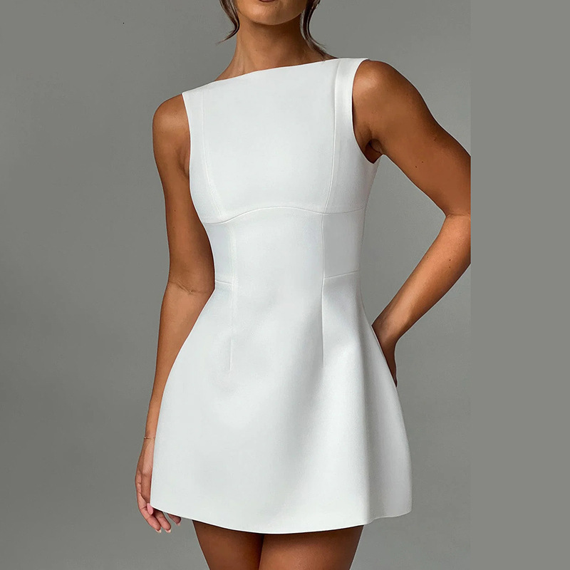 2024 Elegant Slim Solid Mini For Women Summer O-Neck Backless A-E Dress Black Sleeveless Office Lady Commuter