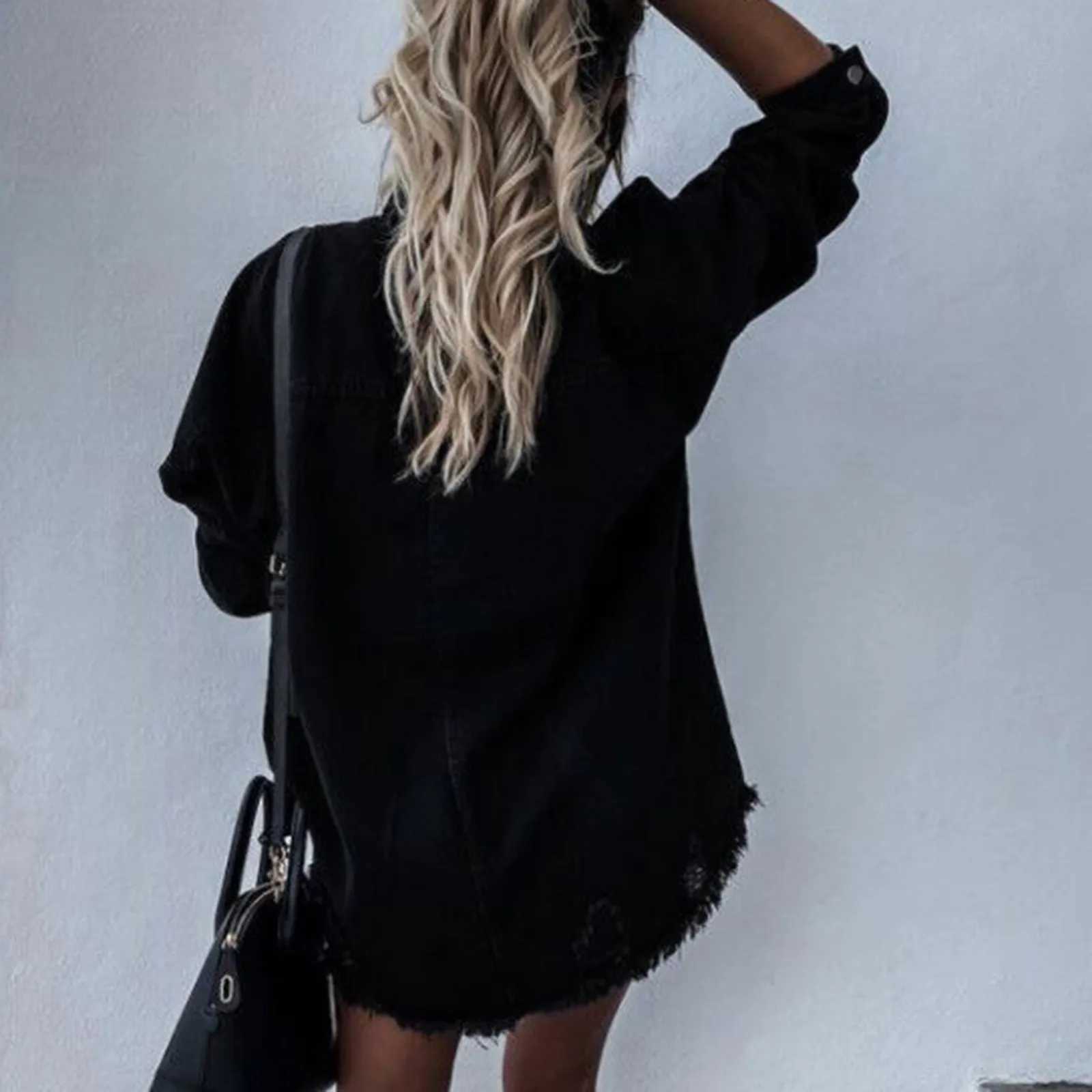 Distressed Ripped Denim Jacket For Women Autumn Large Size Fashion Mid Length Vintage Washed Hole Ripped Long Sleeve Jean CoatX240920