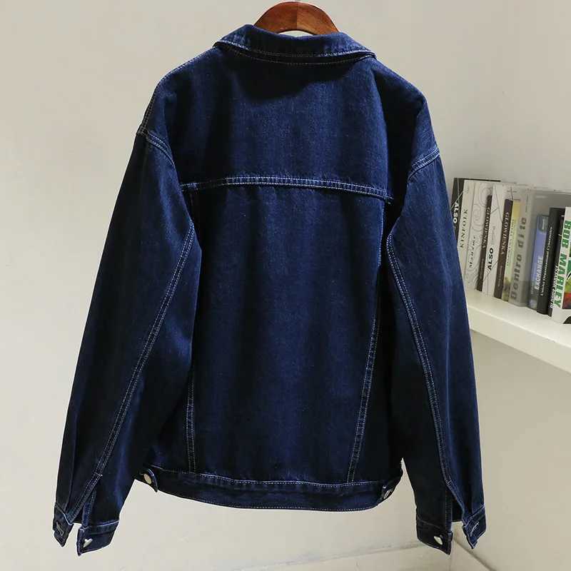 Vintage Dark Blue Loose Short Denim Jacket Women Big Pocket Long Sleeve Cowboy Outerwear Spring Harajuku Jeans Jackets FemaleX240920
