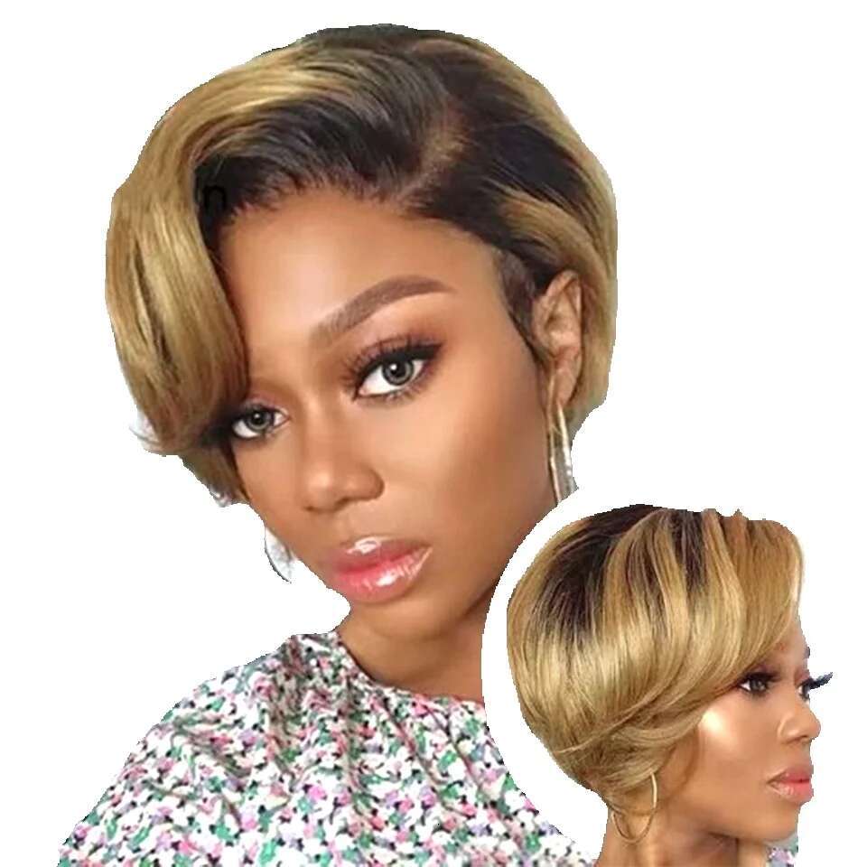 e Cut Human For Women 13x4.5x0.5 Transparent Straight Short Lace Part Hair Wigs T1b/27 Color