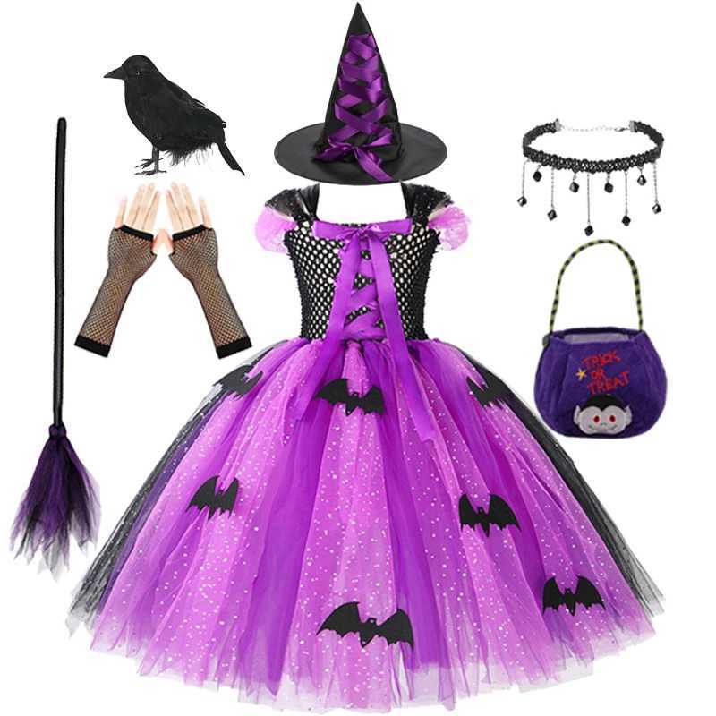 Halloween Children Girls Witch Party Tulle Dress Gothic Ghost Carnival Cosplay Costume Kids Gown Robe Knitted Dress Witch Hat Y240919