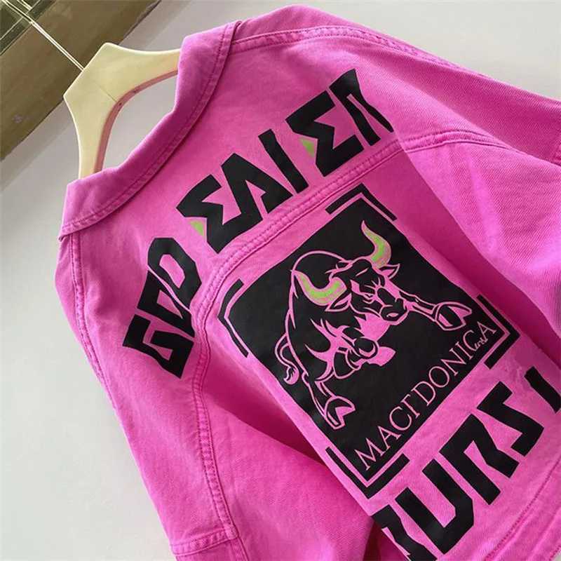 2023 Spring Autumn Period New Rose Red Printed Denim Jacket Ladies European Fashion Age-reducing Women Denim Short Coats TopsX240920