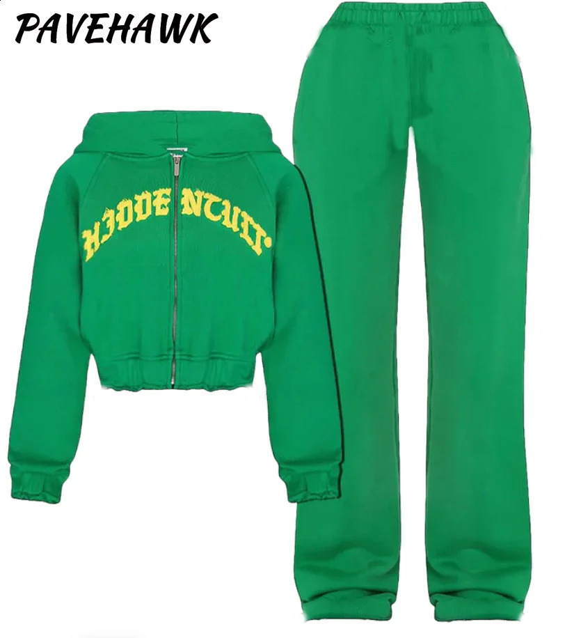 Women 2 Piece Sets Cropped Hoodies Sweatpant Casual Long Sleeve Zipper Jackets Print Hip Hop Sweatshirts Sport Y2K Tracksuit 240920