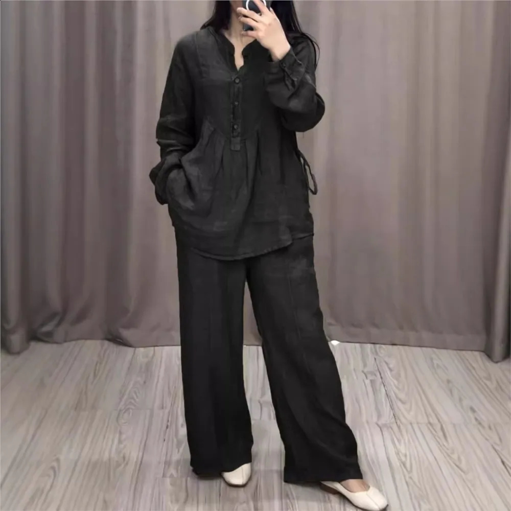 Autumn Fashion Cotton Linen Long Sleeve Half Open Shirt For Womens Suit Casual Pleated Elegant Female Wide Leg Pants 2piece Set 240914