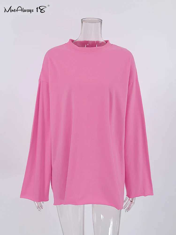 Mnealways18 Pink Oversize Tee Shirts Streetwear Round Neck Long Sleeve Casual Pullover Tops Women Autumn Thin T-Shirts Lady M240920