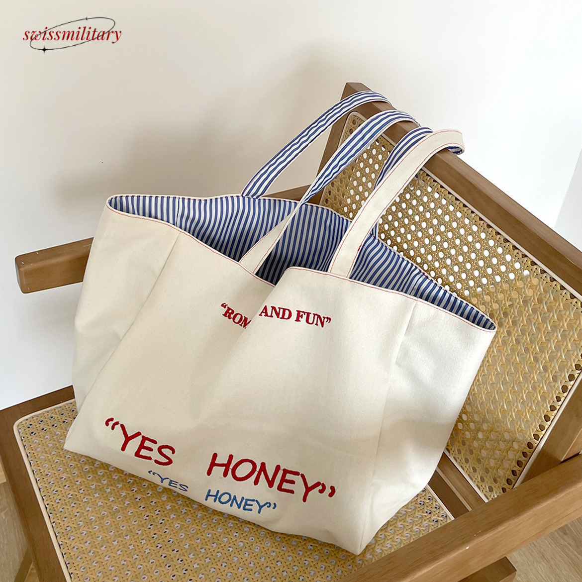 Large capacity Tote front and double-sided back stripe single shoulder with texture embroidery, college student canvas bag, female commuting bag #23 S