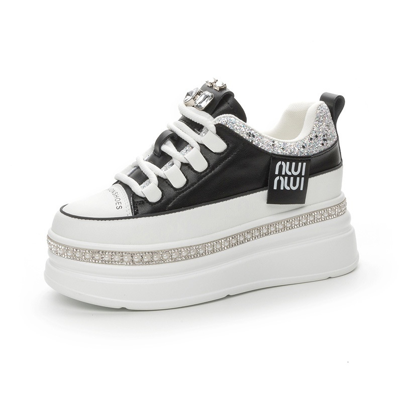 2024 Spring New Women's Shoes with a 7cm increase in inner height, sponge cake thick soled shoes, rhinestones, Instagram fashion trendy white sho