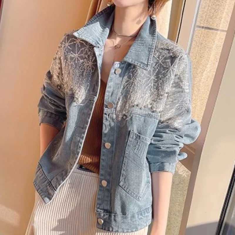 Sequin Small Patchwork Female Jeans Coat Diamonds with Rhinestones Crop Short Womens Denim Jackets Outerwears Spring AutumnX240920