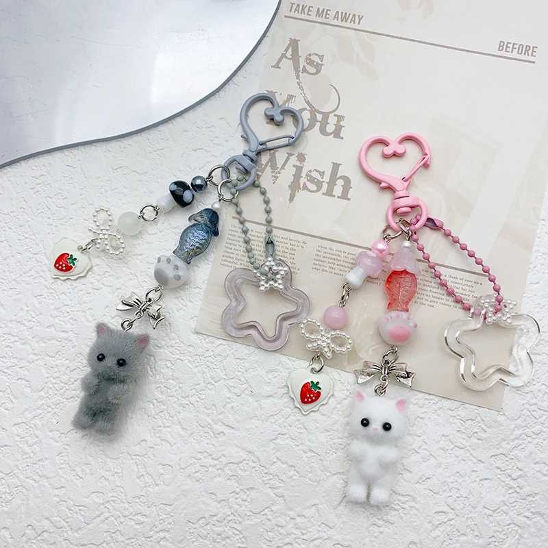 Cute Flocked Kitten Five Star Cat Claw Love Keychain Phone Chain Anti Loss Hanging Rope Pendant Earphones Camera ChainXJ250319