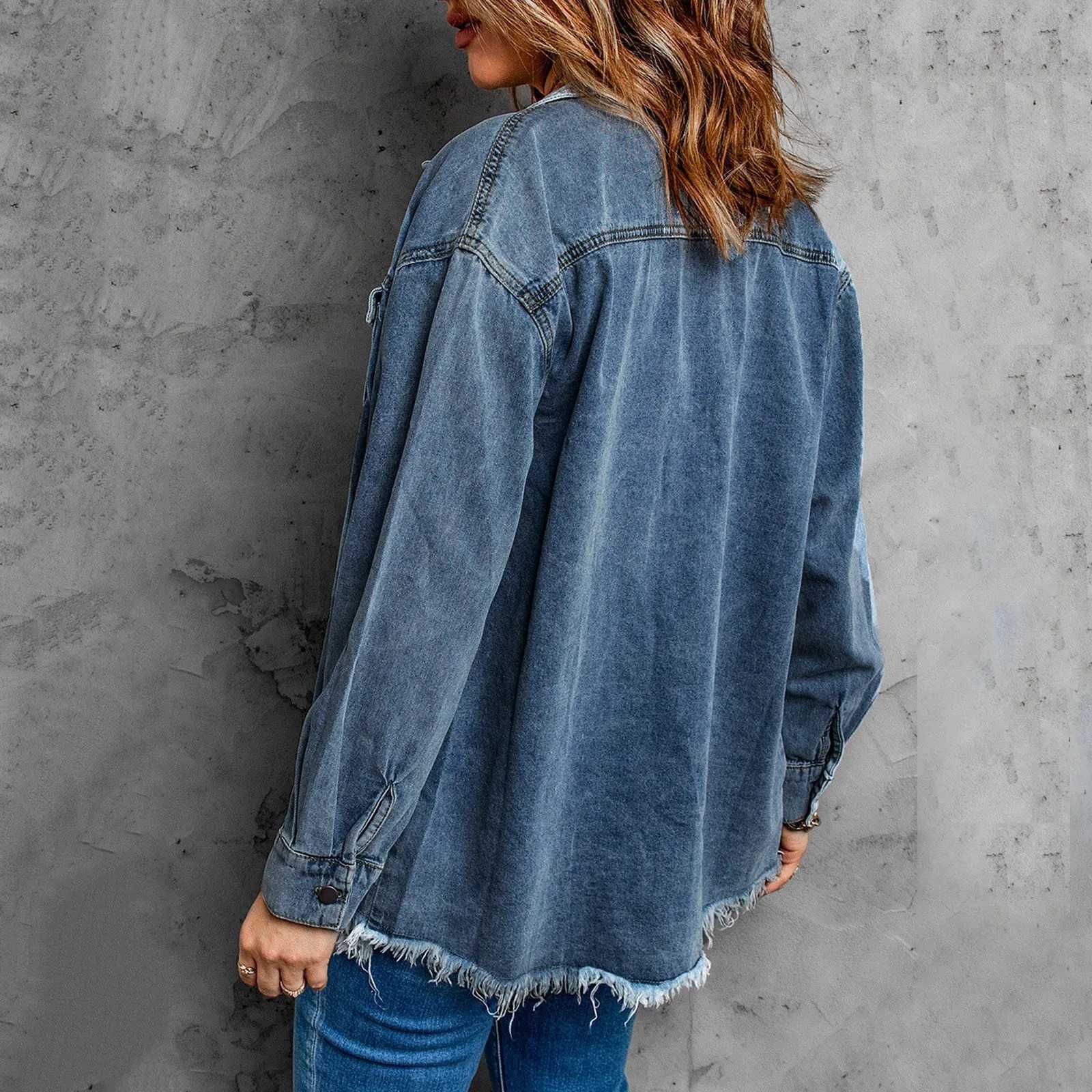 WomenS Denim Jackets Ripped Hem Gray Jeans Jacket Shacket Female Casual Loose Denim Coats Overcoats Oversized BF Denim JacketX240920