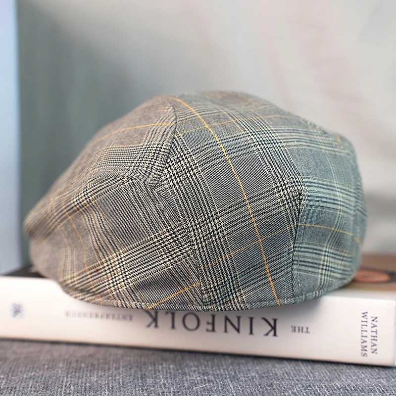 Gray Plaid Newsboy Hat Linen Cotton Womens Mens Ivy Cap Cabbie Driver Hat Spring Autumn Flat Hats Vintage Gatsby Beret A-53X240919