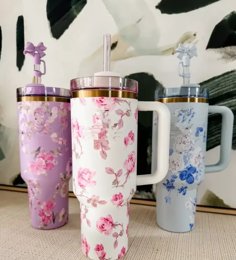 US Warehouse 40oz Tumblers Black Chroma Flamingo Chocolate Gold Valentines Day Gift Cups with Silicone handle Lid And Straw Car mugs Blue Magnolia Pink Rose Lilac
