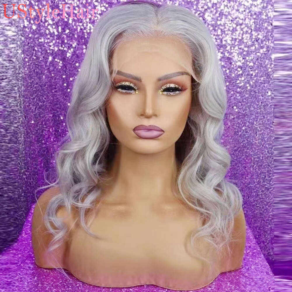 Ustylehair Sier Wave Synthetic Bob Lace Front Wig Natural Haire 613 Blonde /Light Grey/Blue Short Hair