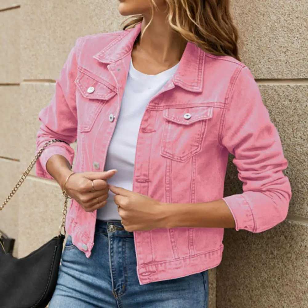 Women Denim Jacket Single-breasted Solid Color Lapel Flap Pockets Cardigan Warm Buttons Slim Fit High Street Women CoatX240920