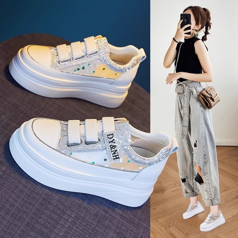 Female 2024 summer new hollow mesh breathable thin sponge cake thick sole fashionable casual with increased height inside white shoes