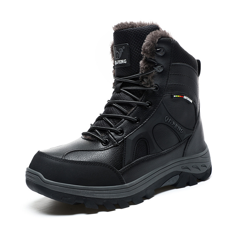 Large size outdoor plush cotton high top with lace up hiking shoes, winter leather faced men's warm snow boots
