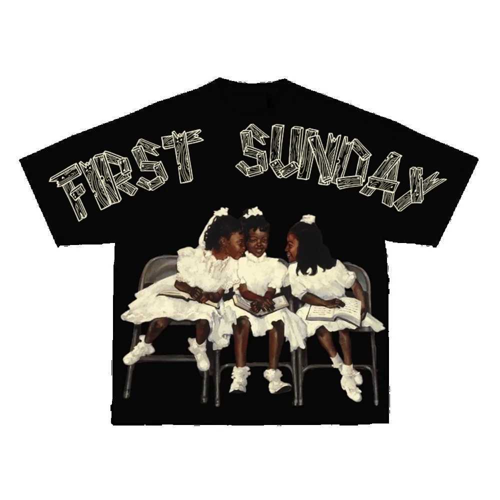 Retro Childrens First Sunday Printed Graphic Cotton T-shirt Mens Y2K Short Sleeve Retro Oversized T-shirt Womens Top CL240913