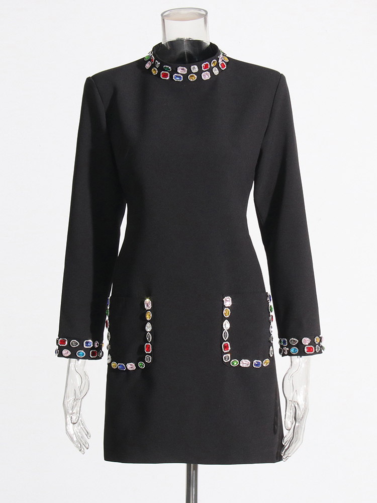 Solid Patchwork Dias Temperament Dresses For Women Stand Collar Long Sleeve High Waist Slimming Mini Dress Female New