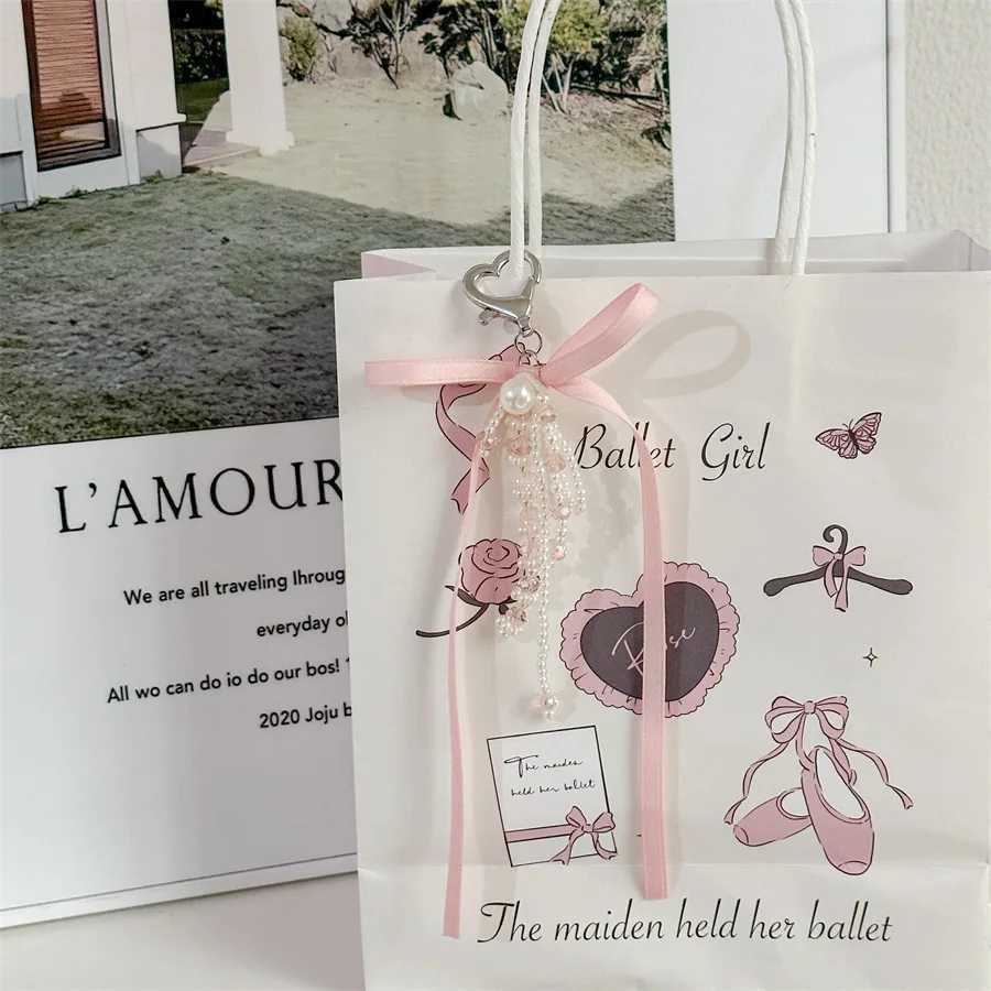 Ballet Bowknot Pearl Beads Heart Keychain for Women Sweet Charm Aesthetic Girls Korean Fashion Y2k Bag Pendant Accessories GiftsX240919