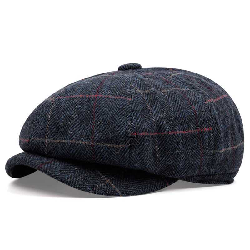 2023 Check Beret Vintage Men Wool Literary Youth Forward Hat British Style Newspaper Boy Hats Autumn-winter Fashion Octagon CapX240919