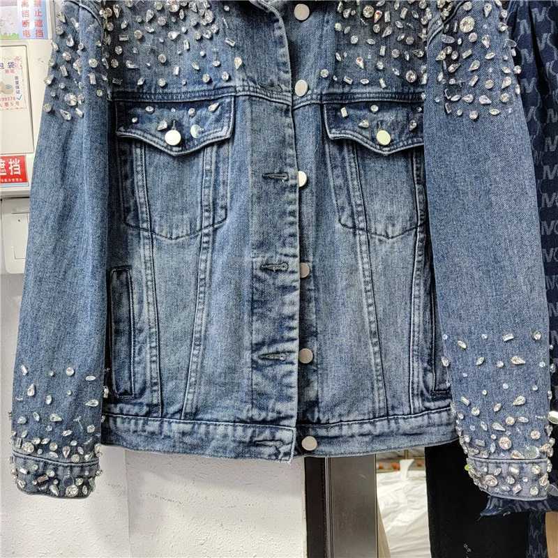 Vintage Beaded Diamonds Blue Short Jeans Jacket Spring Women Loose Lapel Single-breasted Female Denim Jacket Casual Basic CoatX240920
