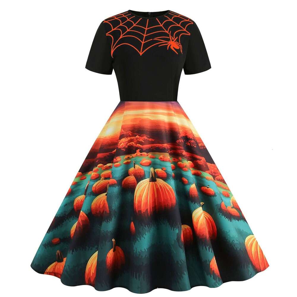 Hallowmas Halloween style new spliced round neck party print slim fitting and slimming dress with a large display