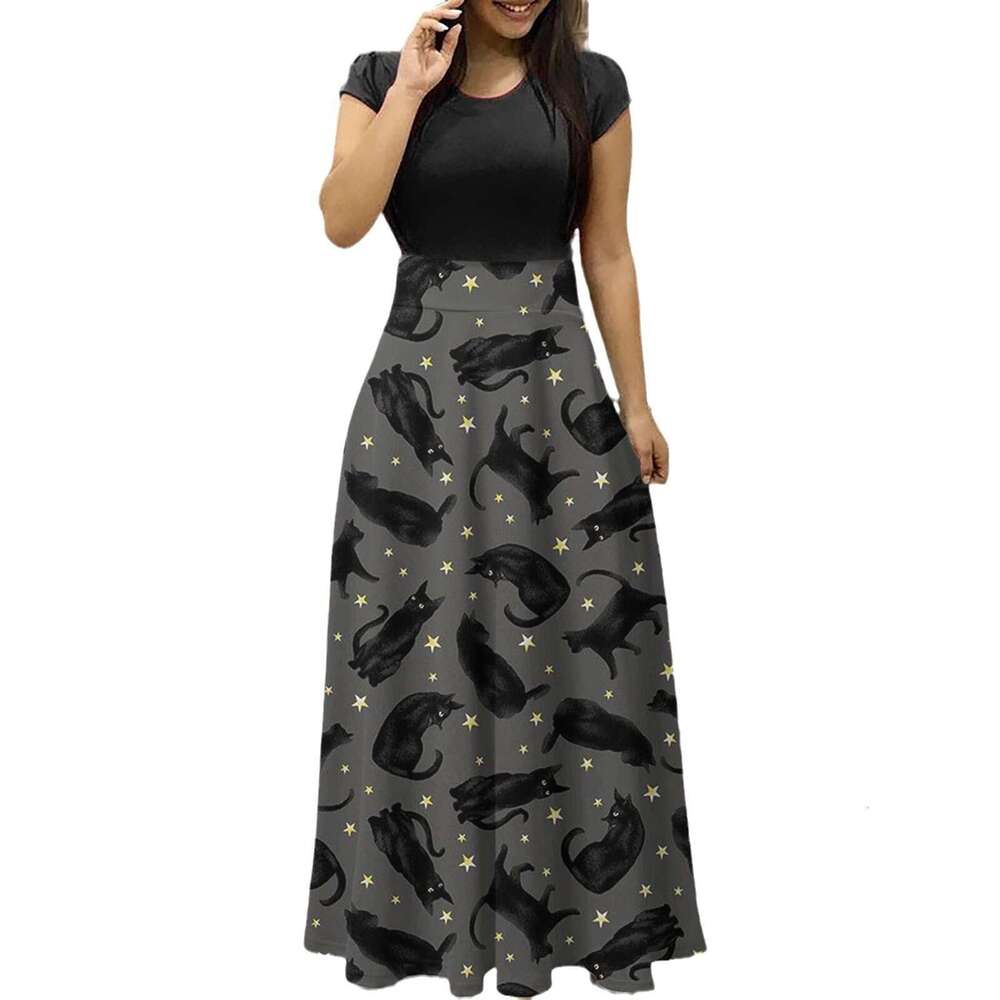 Hallowmas Halloween Gothic themed printed color blocked waist hugging holiday dress for women
