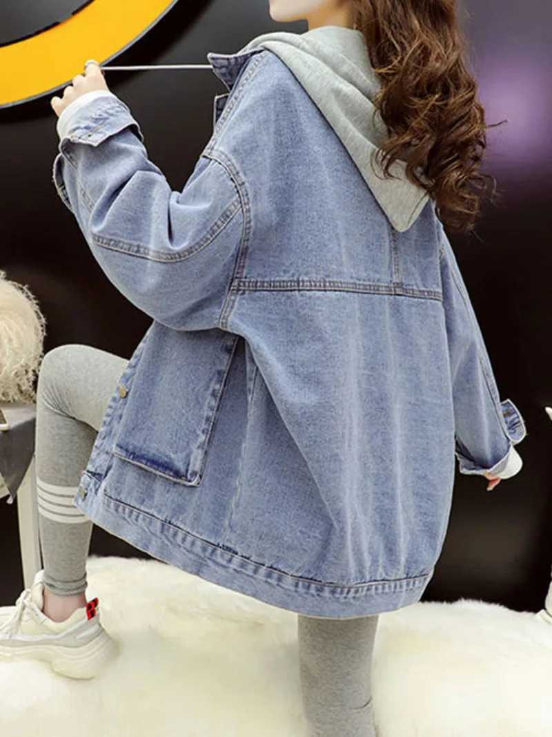 Streetwear Black Denim Jackets Women Korean Fashion Patchwork Hooded Spring Jacket Casual Chaquetas Veste Jeans FemmeX240920