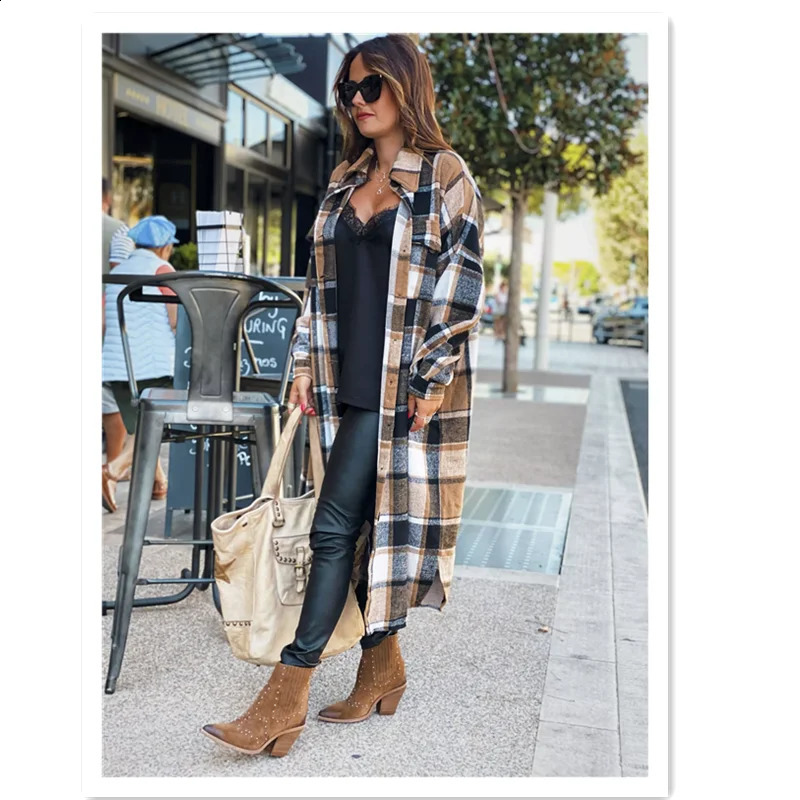 Autumn Plaid Shirt Woolen Womens Fashion Long Streetwear Women Clothing England Style Loose Coat Female Jacket 240912