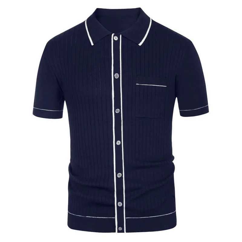 Mens Luxury Knitted Short Sleeve Polo Shirt Casual Patchwork Lapel Button-down Fashion Knitwear Summer Clothing 2024 NewXJ240920