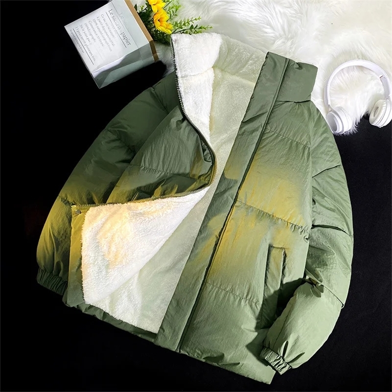 Green Puffer Jacket Men Korean Style Winter Jackets Men Thick Warm Coats Streetwear Solid Color Jackets With Fur Lined 240919