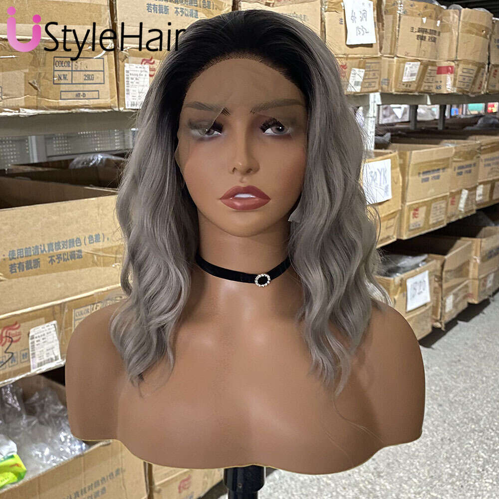 Ustylehair Ombre Grey Lace Front Synthetic Hair Natural Haire Short Wave Wigs For Women Daily Use Cosplay Party Wig