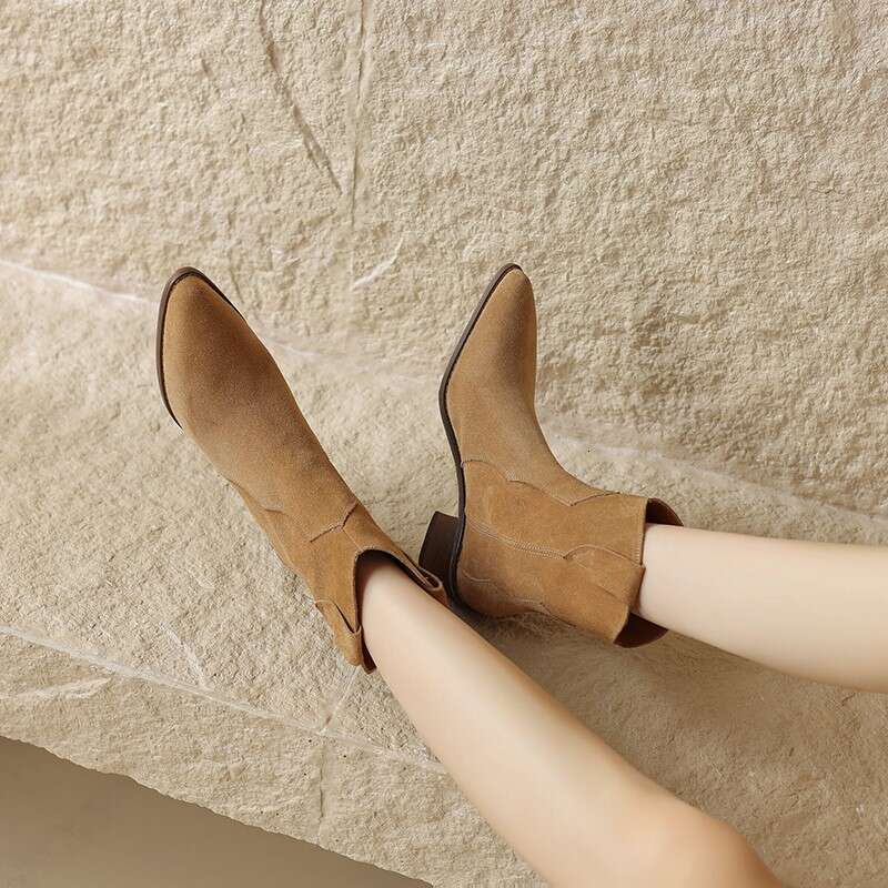 Dilalula Genuine Leather Women Cow Suede Pointed Toe Med Thick Heels Slip On Short Boots Female Autumn 2024