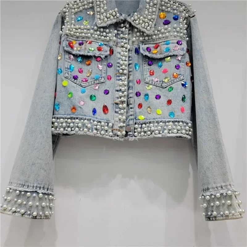 Spring Autumn Women Rainbow Diamonds Pearls Beaded Denim Jacket Rhinestones Rivets Short Jeans Cowboy Cardigan Sequined OutwearX240920