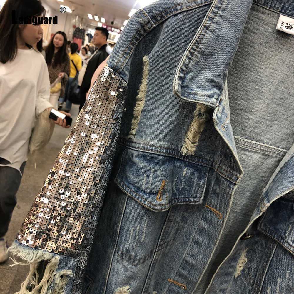 Ladiguard Women Sexy Ripped Denim Jacket Patchwork Sequins Demin Jackets Loose Vaqueros Mujer 2023 Single Breasted Top OuterwearX240920