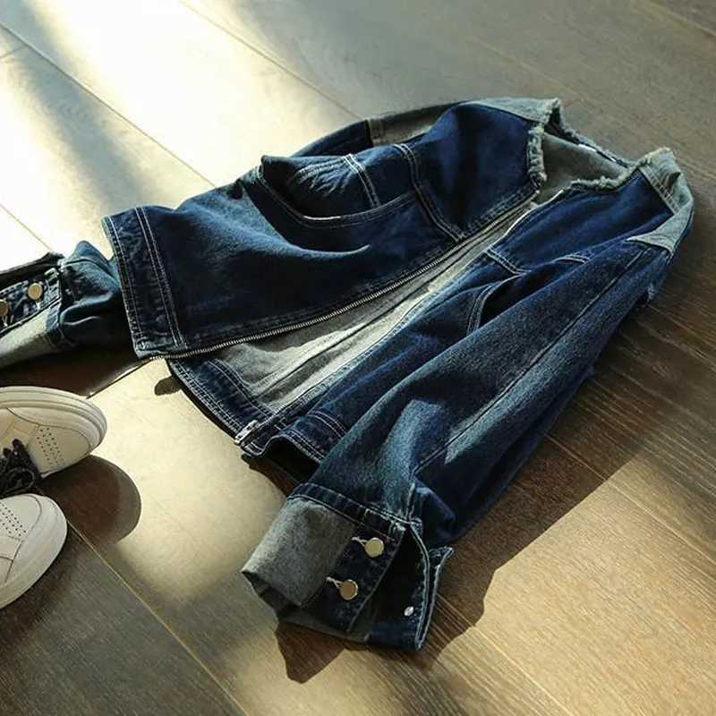 Female Clothing Solid Color Denim Coat Korean Spring Autumn Casual Stand Collar Zipper Fashion Pockets Tassel Spliced JacketsX240920