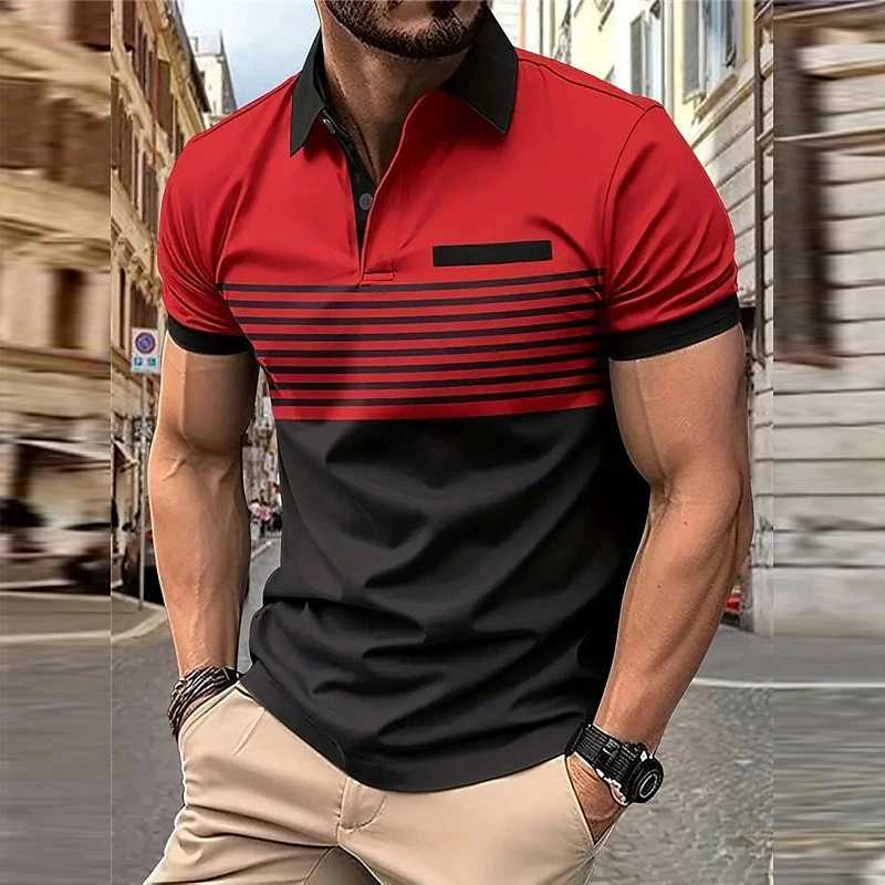 Business Mens Polo T Shirt Summer Short Sleeve Clothing Fashion Stripe Print Street Casual Buttons Tops Oversized PulloverX240920