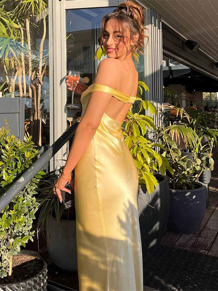 Elegant Backless Maxi Dress: Satin Off Shoulder Sleeveless Evening Gown - Slim Fit, Long Formal Robe for Chic Ladies C260312