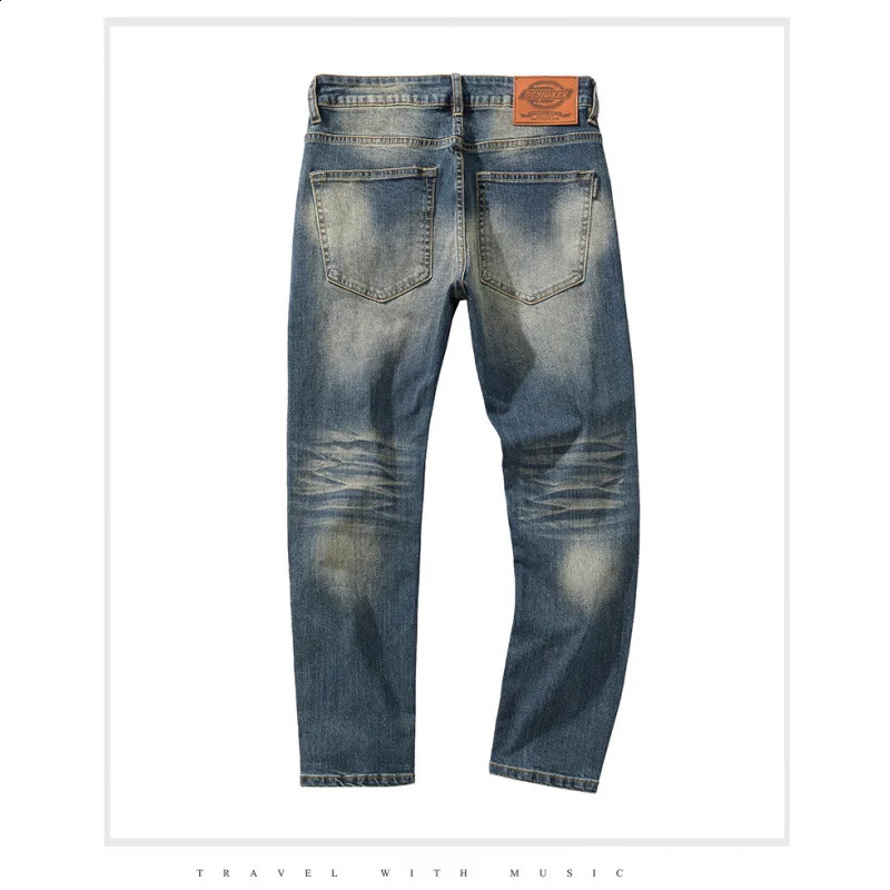Retro Blue Mens Jeans Washed Full Match Street Smart Trouser Pencil Pants Casual Trend 240913