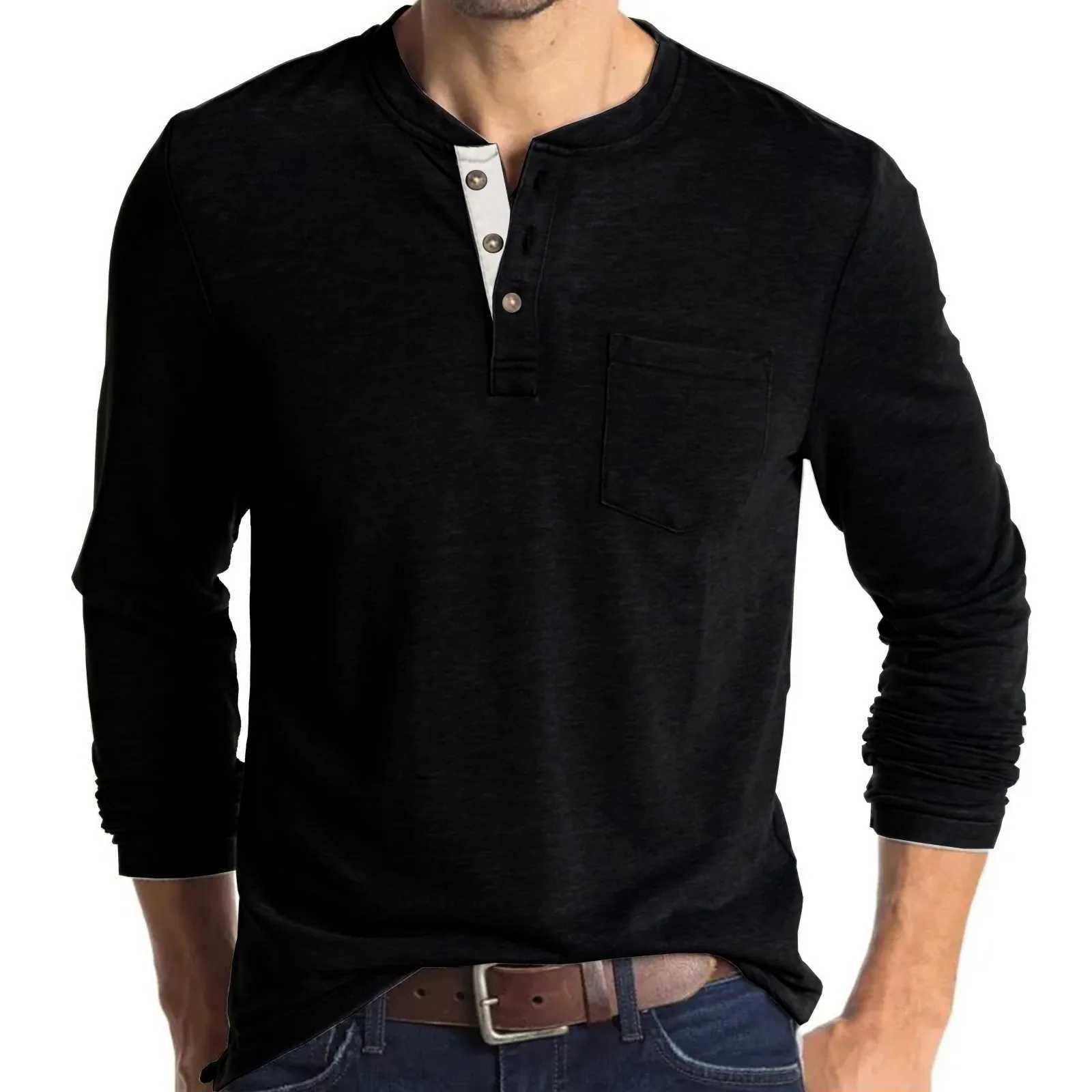 Mens Round Collar Long Sleeved T-shirts Solid Casual Top Single Breasted Pocket TShirt Soft Comfy Bottoming Shirt for SpringX240919