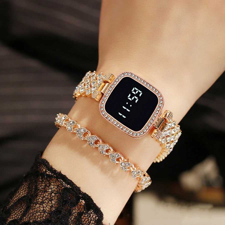 Women Digital Watch Set FREE Bracelet Square LED Ladies Watch Alloy Student Girl Touch Fashion Electronic Womens WatchX240920