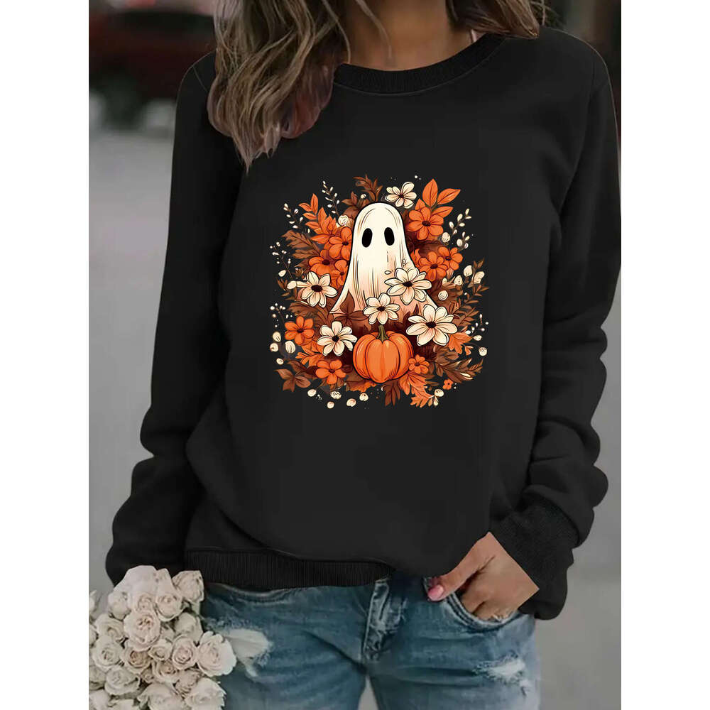 Hallowmas Autumn Winter Womens Casual Long Sleeved Round Neck Ghost and Floral Print Pullover Sweatshirt Womens Jacket Coats Designer Women Autumn Dre