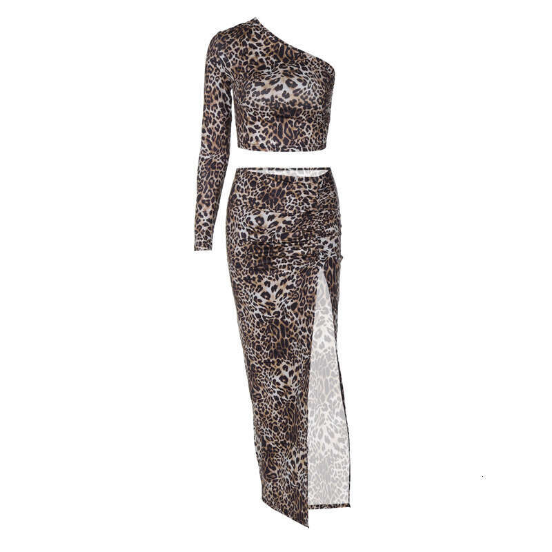 Hallowmas Womens 2024 Winter New Product Sexy Printed One Shoulder Open Navel Top Slim Fit Split Skirt Set