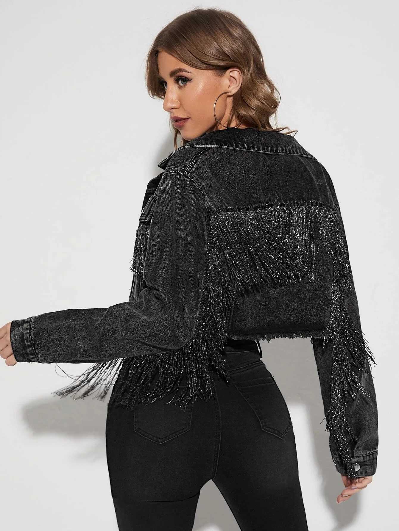 Womens Fringe Jacket Tassel Cropped Denim Jacket Raw Hem Ripped Crop Jean JacketsX240920
