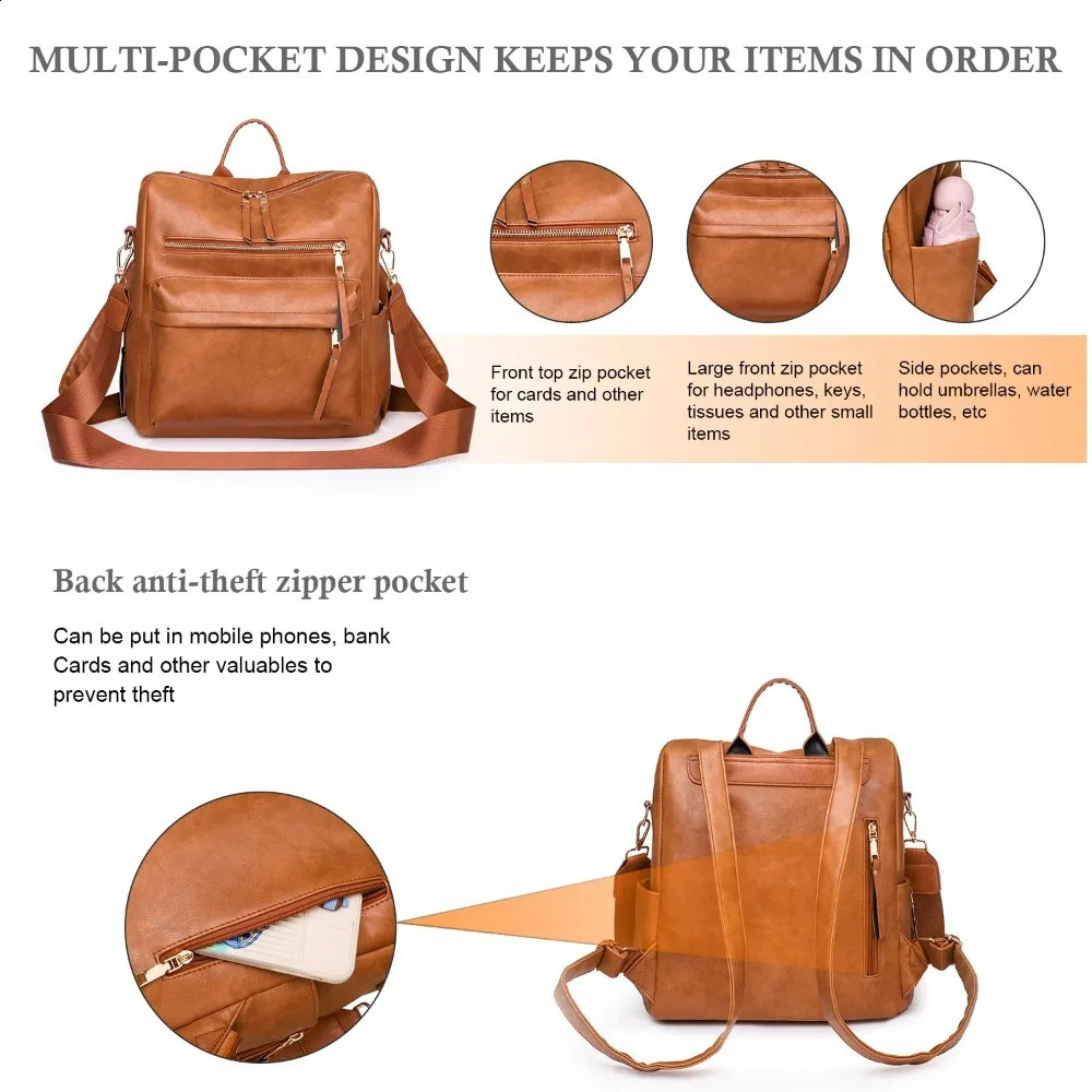 Womens backpack wallet fashionable large travel leather backpack shoulder bag suitable for women brown 240918