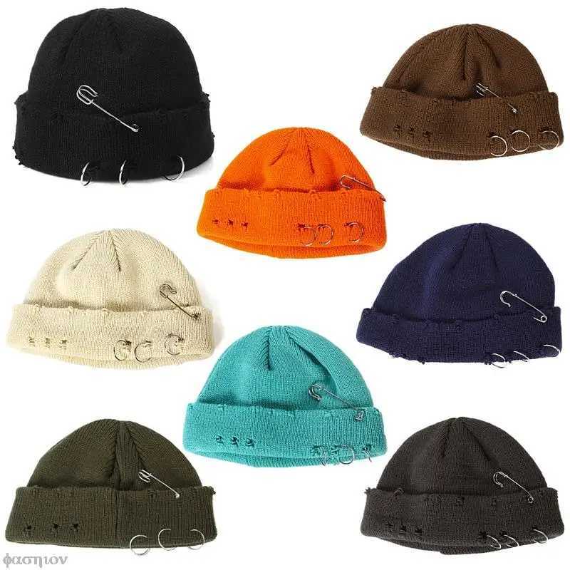 Harajuku Brooch Beanies Hat Tear Hole Knitted Hat Regular Hat 2023 Spring/Summer Winter Soft Cotton Warm Hat Mens Hip Hop W240920
