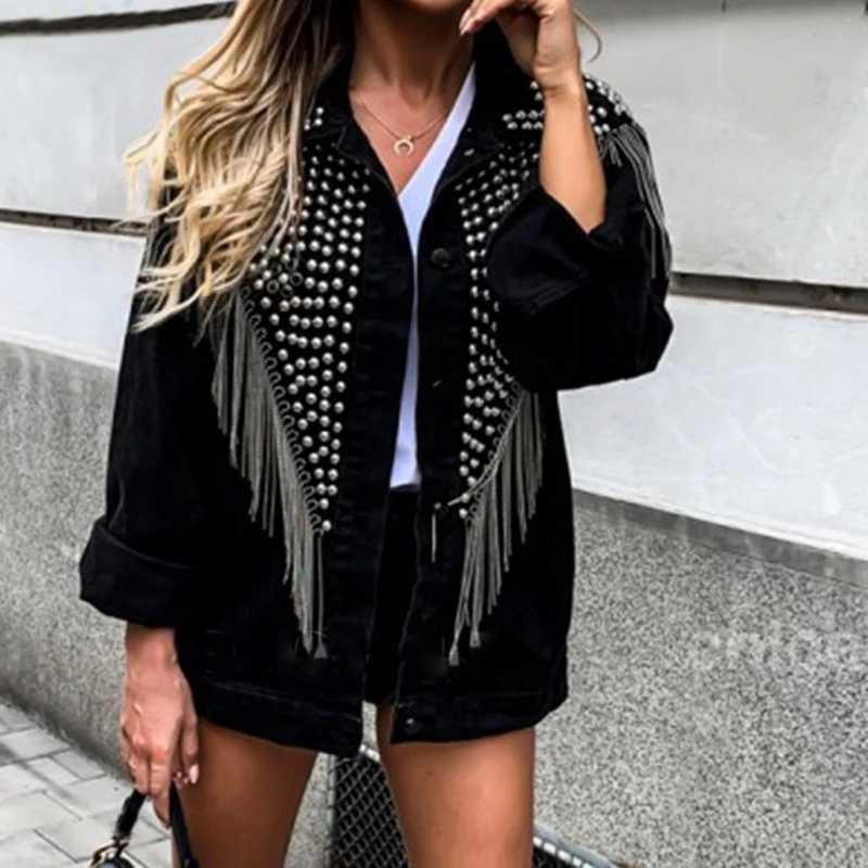 TEELYNN Boho Black Denim jacket For Women Coats Long Sleeve Autumn Loose fringe Jean Jackets 2021 Beaded rivets Casual OutwearX240920