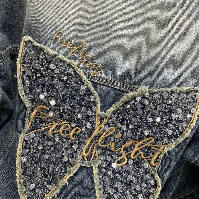 Chaquetas Butterfly Embroidered Denim Jacket Women Spring Autumn Long Sleeve Cotton Outerwear Button Female Casual Jeans CoatX240920