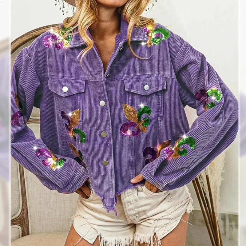 Floral Corduroy Coat Women Mardi Gras Spring Autumn Ropa Cardigan Sequin Punk Gothic Bomber Jacket Windbreaker Y2k Jackets 240920